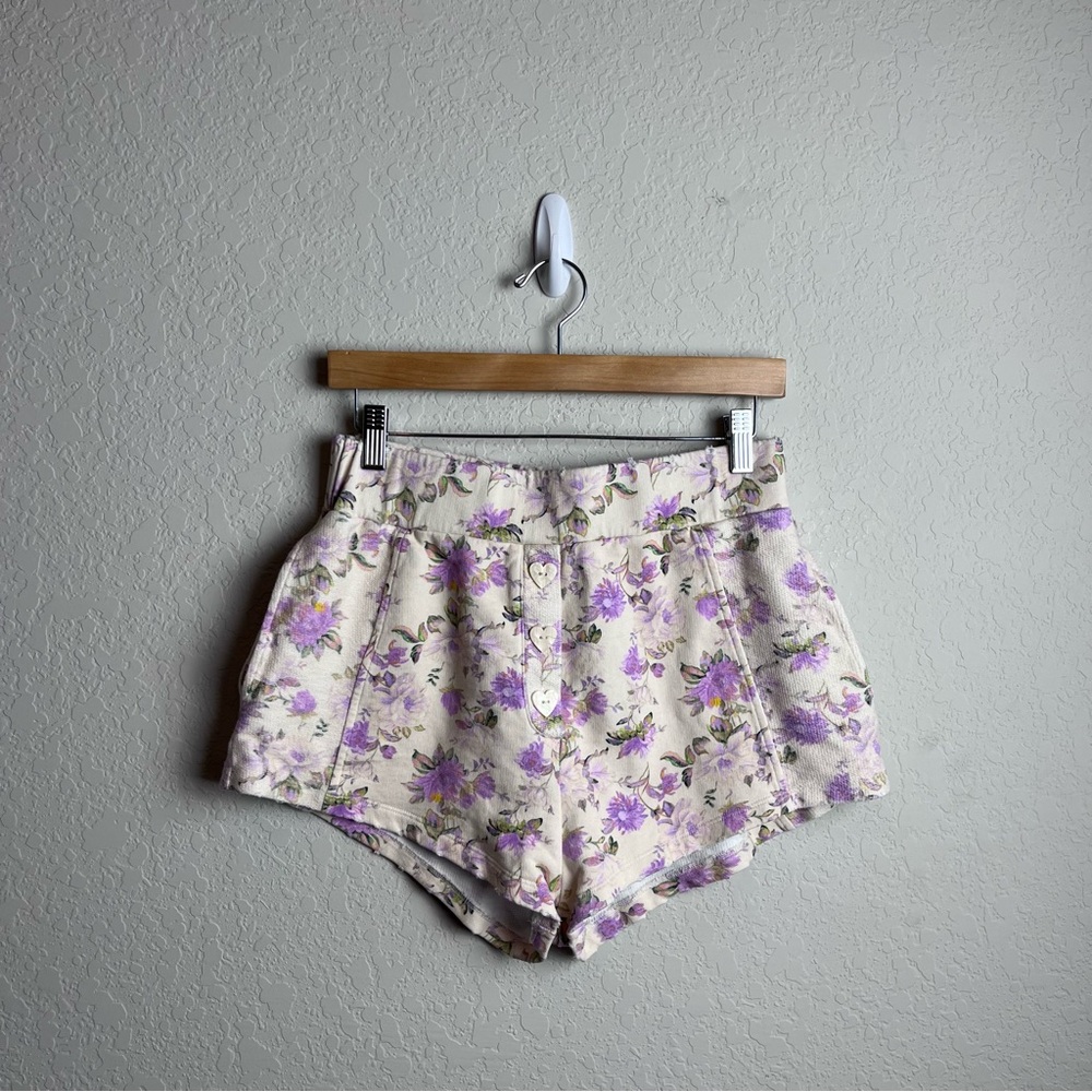 LoveShackFancy Renato Floral Print Shorts M Cotton Jersey Ultra Violet Clouds - Picture 6 of 14